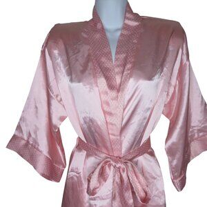 Vintage Pink Satin Kimono Robe Polka Dot Trim Belt Tie Womens M New Old Stock